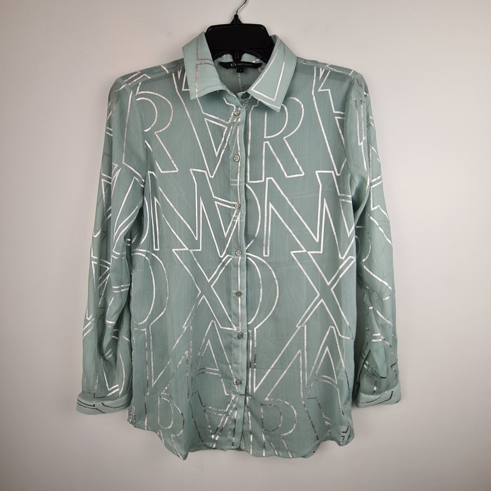 Armani Exchange Women's Mint Green Metallic Logo Sheer Button Up Top Small Shirt
